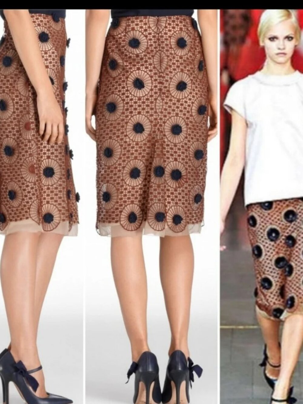 Tory Burch Thomad Runaway Brown Pencil Skirt with Navy Floral Crochet.  SZ 0